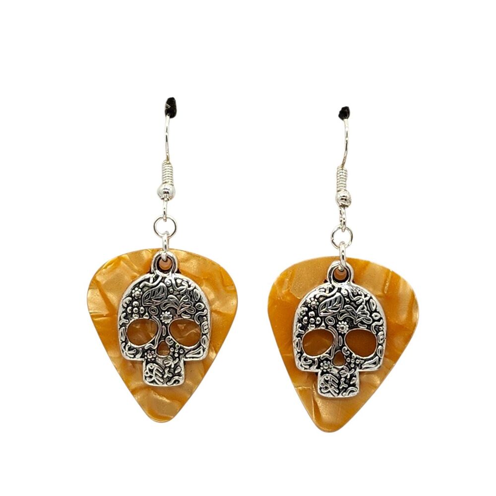 Sugar Skull Charm Guitar Pick Earrings - Choose Color - Handmade in USA